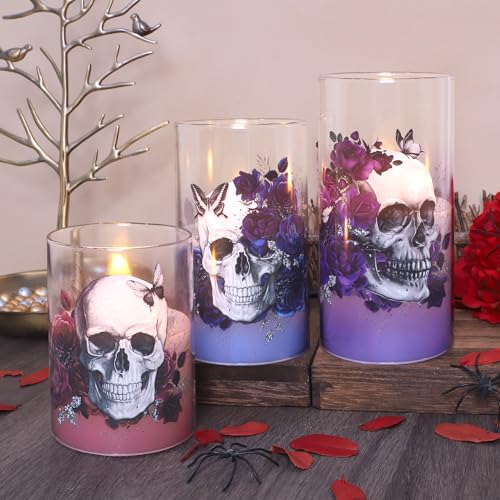 Halloween Flameless Candles Set of 3 Skull & Rose with Remote Timer - Indoor Decor