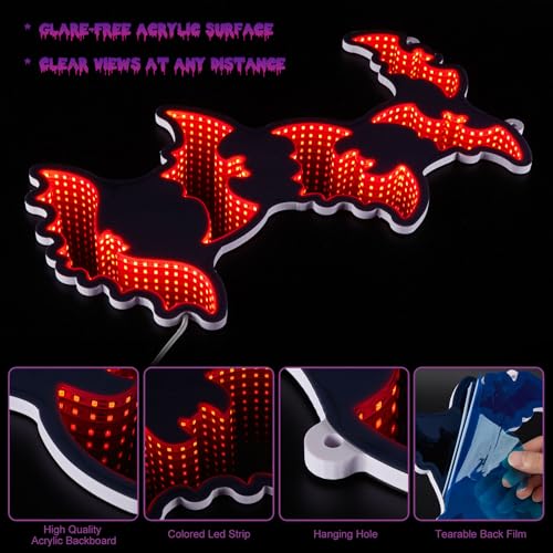 LED Bat Wall Decor Light - 3D Mirror Finish Halloween Sign with 10 Modes