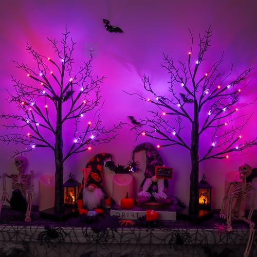 Halloween Black Tree with Orange & Purple Lights - 24 Inch Indoor Decor, Timer & USB Operated, Spooky Tabletop Decoration, 2 Pack