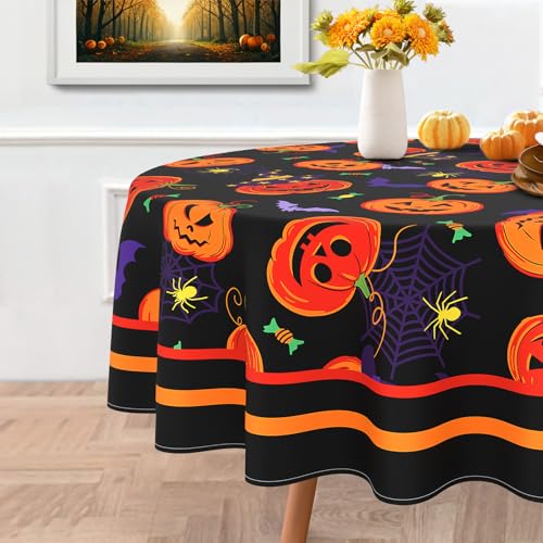 Halloween Round Tablecloth 60x60 Inch Waterproof Bat Pumpkin Design - Washable Party Decor