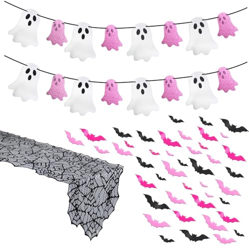 Pastel Halloween Decor Set with Ghost Banners, Bat Stickers & Spider Web Table Runner