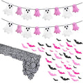 Pastel Halloween Decor Set with Ghost Banners, Bat Stickers & Spider Web Table Runner