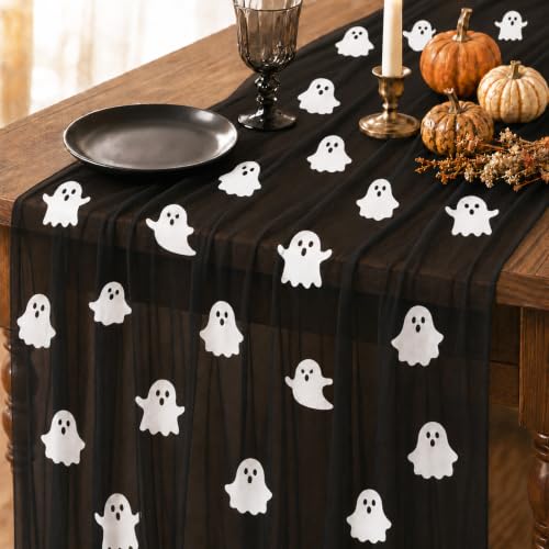 Halloween Ghost Table Runner Set - Black Mesh, 29x72 Inches, 4 Pieces - Ghost & Black Variation