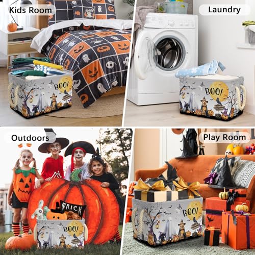 Halloween Boo Basket Pumpkin Ghost Spooky Storage Bin Grey 15x10x10 Inch - Foldable Halloween Decor & Gift Organizer