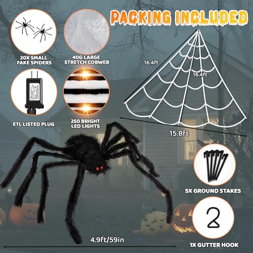 Halloween Spider Web Lights Decoration - 250 LED 16.4Ft Outdoor Web with 8 Modes & 5Ft Giant Spider - Stretch Cobweb for Yard Garden Haunted House - Lighting Spider Web