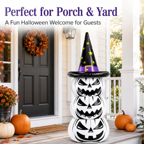 Inflatable Halloween Pumpkin Decoration - 67 Inch White Jack O Lantern Yard Decor with Witch Hat for Outdoor Lawn Porch Garden
