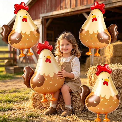 Farm Animal Balloons Set - Chicken Foil Party Decorations, 4 Pieces