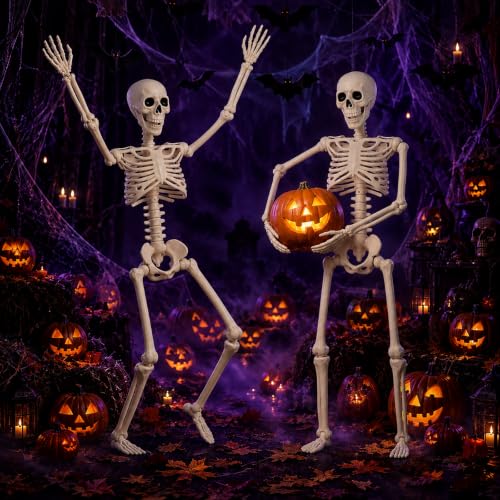 White Halloween Skeleton Decorations - 36 Inch Human Bones with Movable Joints - Haunted House, Lawn, Graveyard Props