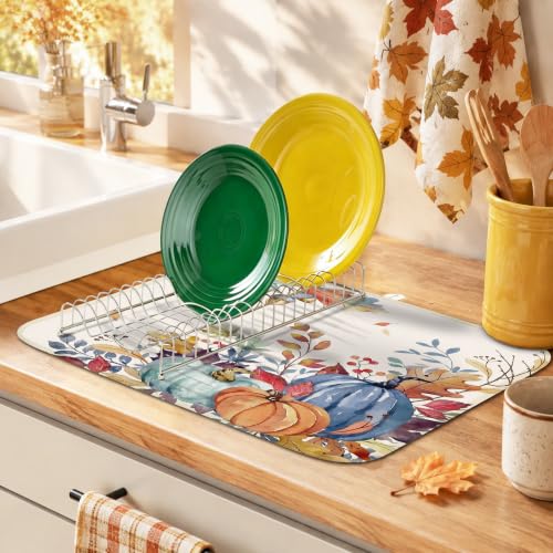 Fall Pumpkin Leaves Dish Drying Mat 16x18 Inch Kitchen Counter Decor