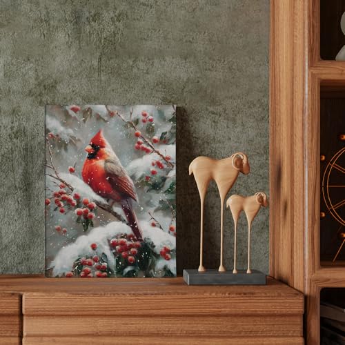 Winter Cardinal Canvas Wall Art - Vintage Christmas Scene 11x14 Inch