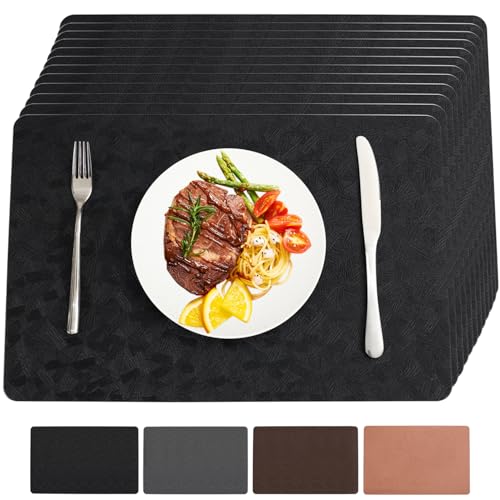 Black Vinyl Placemats Set of 12 Waterproof Wipeable Table Mats - Black / 12