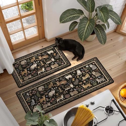 Anti-Fatigue Cat Kitchen Rug Mat Set - Vintage Black Non-Slip Waterproof Memory Foam