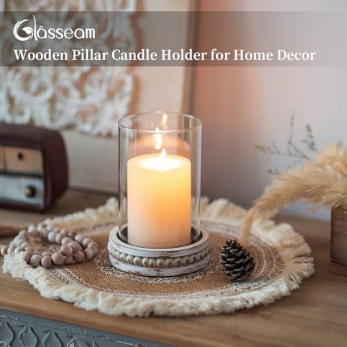 Hurricane Glass Candle Holders Set of 2 - Rustic Beaded Pillar Candle Holders for Dining & Living Room Decor - Farmhouse Style
