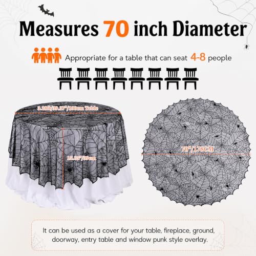 Halloween Black Lace Tablecloth 70 inch Round Spider Web Decor - Black