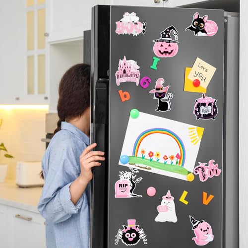 Halloween Refrigerator Magnets Set - Pink Pumpkin Ghost Spider Bat Decals for Fridge & Metal Surfaces