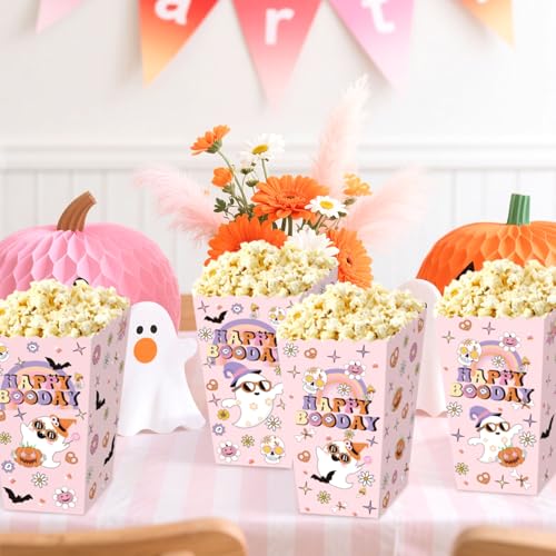 Pink Ghost Halloween Popcorn Boxes - Party Favor Goodie Bags (12 Pack)