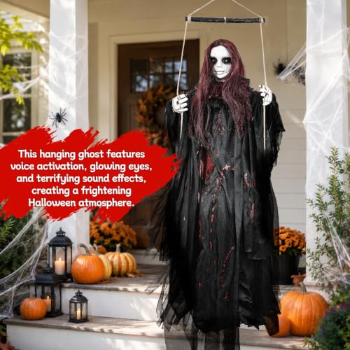 Hanging Ghost Halloween Decorations Outdoor 59-Inch Swinging Ghost Doll with Glowing Eyes