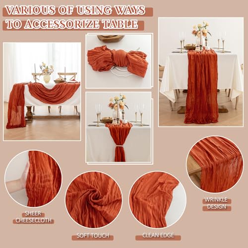 Boho Rustic Cheesecloth Table Runner - 10 Ft Terracotta, Durable & Washable