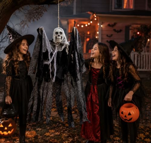 2 Pack Halloween Ghost Decorations with LED Glowing Skull and Gauze Cape - Outdoor Indoor Spooky Hanging Decor - Vari 2