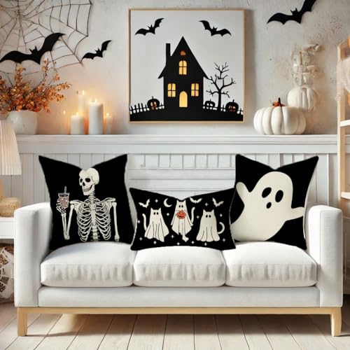Halloween Throw Pillow Cover 12x20 Ghost Cat Black - Farmhouse Decor