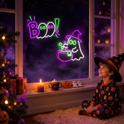Halloween Neon Sign 2 Pack - Ghost & BOO LED Neon Light Set - Festive Decor