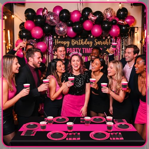 Hot Pink and Black Party Supplies Kit - 452 Pieces for 50 Guests - Pink & Black Theme