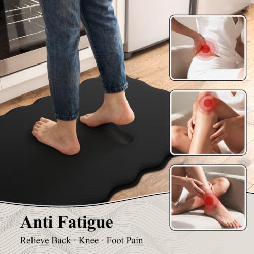KIMODE Anti-Fatigue Kitchen Mats Set - Black Wavy 17.3x47 & 17.3x29 Inches