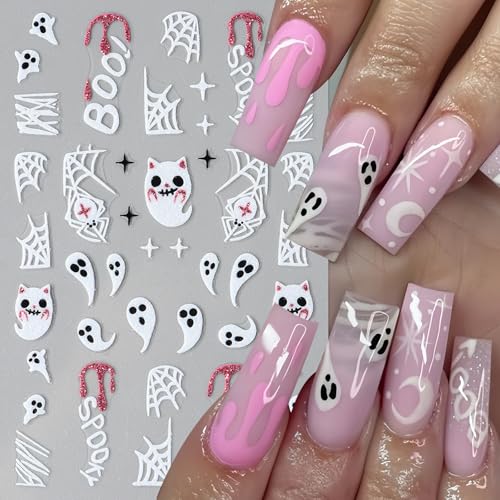 Halloween Ghost Nail Stickers Set - 3D Self-Adhesive Nail Art Decals - Ghost Pumpkin Spider Web - Variation: Ghost-2