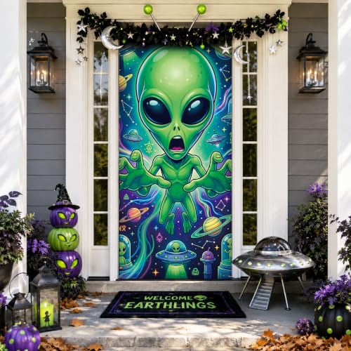 Halloween Alien Door Cover Banner - 3D Reaching Hands, Funny Extraterrestrial Decor, 78x35 Inches