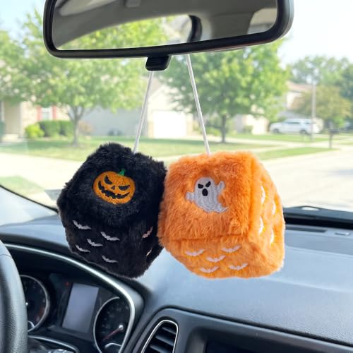Halloween Fuzzy Dice for Car Rear View Mirror - Plush Black and Orange Decor