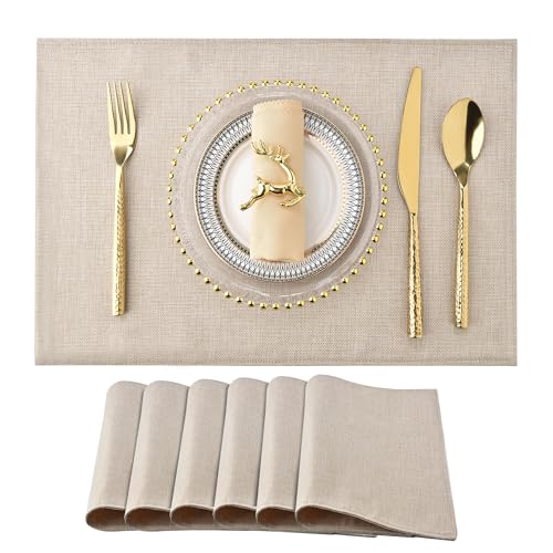 Faux Linen Placemats Set of 6 Light Linen Heat Resistant Washable Farmhouse Table Decor