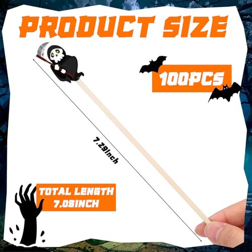 Halloween Wooden Coffee Stirrers - 100 Pcs, 7 Inch Disposable Stir Sticks with Vibrant Patterns