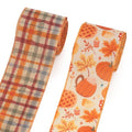 Fall Pumpkins and Maple Leaf Wired Edge Ribbon Set - 2 Rolls, 5 Yards Each, Autumn Thanksgiving Decor