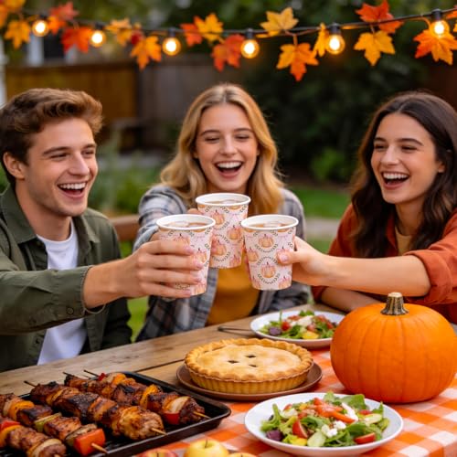 Fall Paper Cups 9oz Pink Bow Pumpkin Design - 50 Pack Disposable Drinkware for Parties