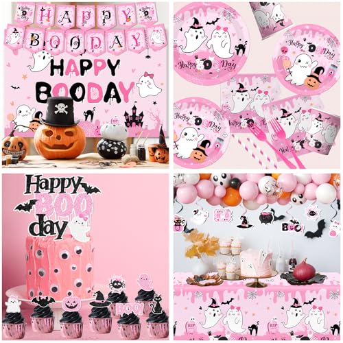 275Pcs Halloween Birthday Party Decorations Pink and Black Set for Kids – Plates, Balloons, Banner & More