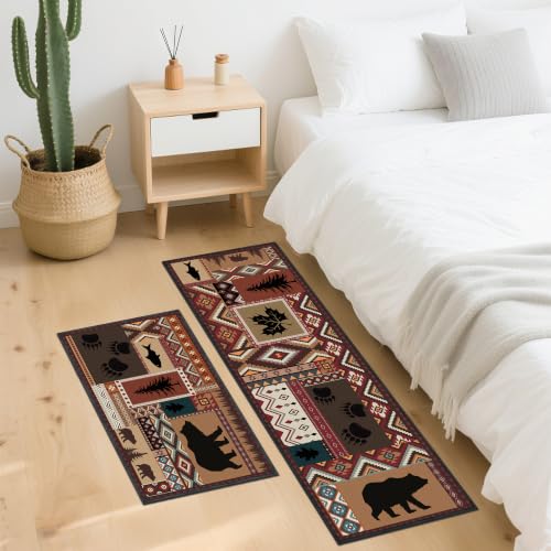 Southwestern Bear Kitchen Rugs Set - 2 Pieces, Non-Slip, Farmhouse Decor