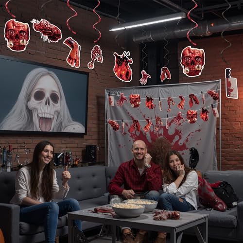 Halloween Party Banner with Fake Knives & Red Splatter Effects – Creepy Haunted House Decorations (4 Pieces)
