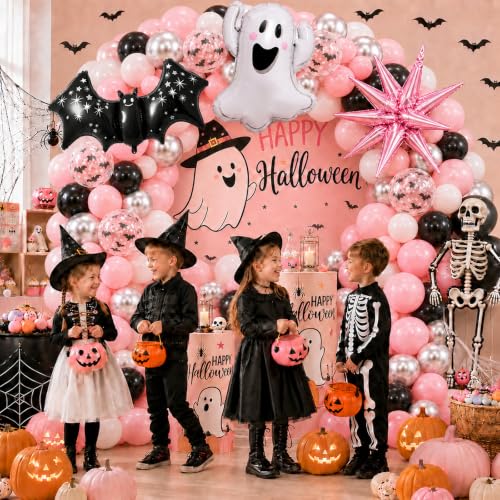 Halloween Balloon Garland Arch Kit with Ghost Bat Balloons - Black Pink Silver Variation