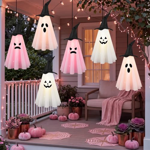 Pink Halloween Ghost Decorations Set - Outdoor Hanging LED Ghosts for Yard & Party