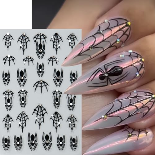 Halloween Spider Web Nail Stickers - 5D Embossed Self-Adhesive Decals with Rhinestones & Bow-Knot Pattern, 3 Sheets - Spider Web Variation