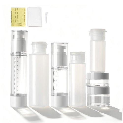 Travel Bottles Kits 7 Pcs , TSA Approved Leak Proof Toiletry Container Set, Graduated Vaccumn atomizer and Lotion Bottle, Squeeze Bottle, Transparent Cream Jar, for Shampoo Lotion Cream Cosmetic