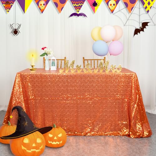 Orange Sequin Tablecloth 50x80 Inches Rectangular Glitter Overlay for Weddings & Parties