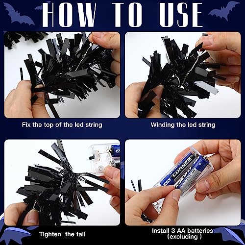 Halloween Tinsel Garland with 50 LED Lights, Black and Purple, 16.4ft Decor