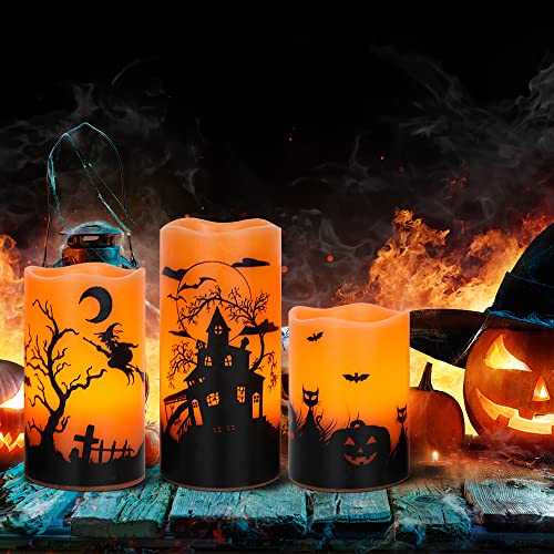Orange Halloween Flameless Candles with Timer - 3 Pack Real Wax Pillars for Home Decorations