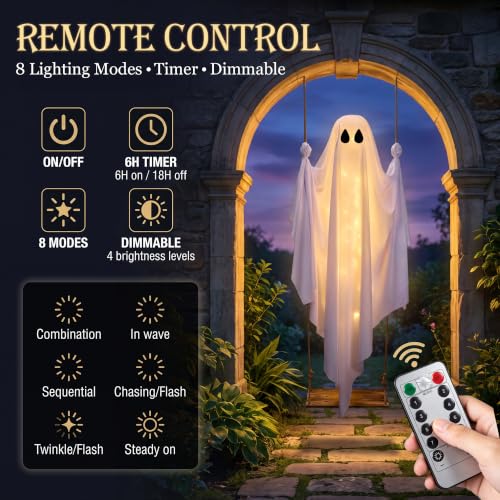 Outdoor 5FT Hanging Swing Ghost Halloween Decoration with LED Lights