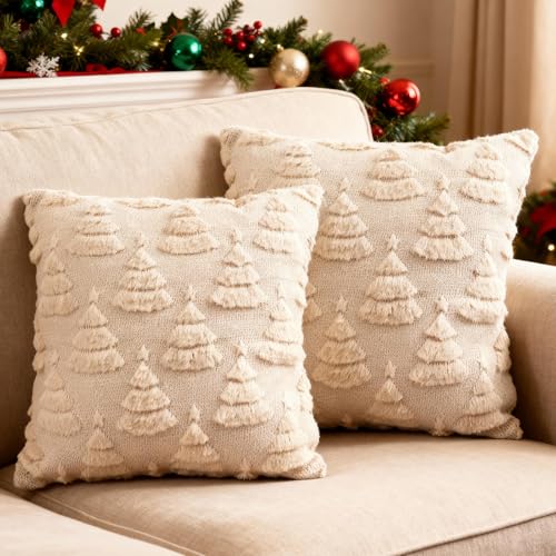 Christmas Tree Pattern Faux Fur Pillow Covers Set of 2 - 18x18 Inches Beige