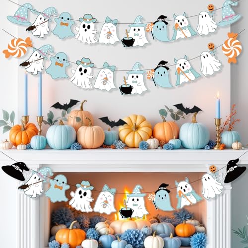 Blue Halloween Ghost Garland Set - 3 Pcs Festive Wall & Mantle Decorations