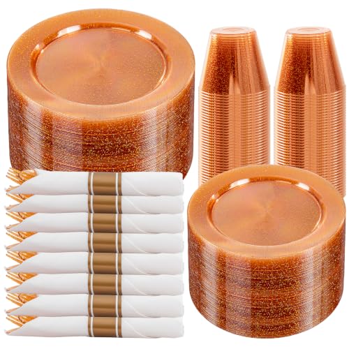 Orange Glitter Plastic Dinnerware Set for 50 Guests - 350 Pieces - Disposable Party Plates, Cups, Silverware & Napkins