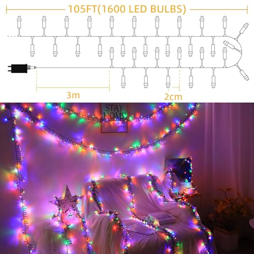 Multicolor 1600 LED Christmas Cluster Lights with Remote - 105ft Waterproof Firecracker String Lights, 8 Modes
