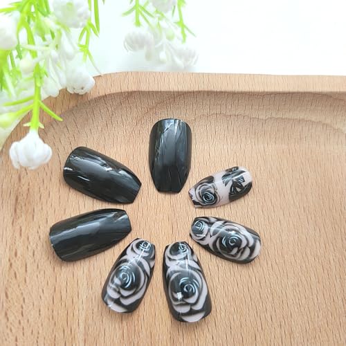 Press On Nails Short Coffin Fake Nails with Flower Design - Variation 19, 24 Pcs